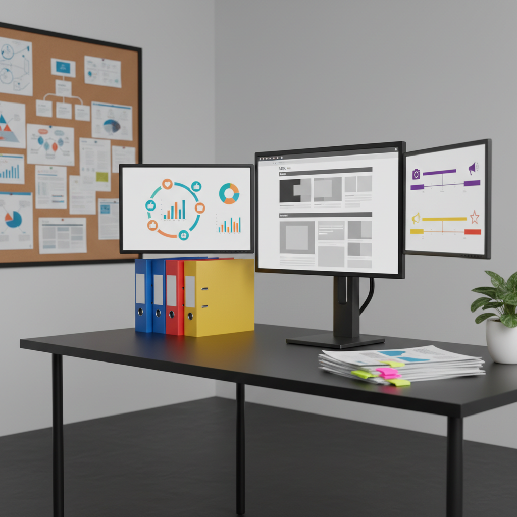An organized cluster of large computer monitors on a matte-black desk, each screen displaying different aspects of a digital PR campaign: one with abstract news article layouts, another with social media engagement charts, and a third with a visual timeline of campaign milestones, all icon-based with no readable text. Beside the monitors sit color-coded folders and a stack of printed media reports with highlighted sections. The office setting features neutral walls, a corkboard filled with pinned diagrams, and a small potted plant for contrast. Soft studio lighting from the side creates gentle shadows and crisp clarity across the surfaces. Shot from a three-quarter angle with sharp focus throughout, the mood is methodical and professional, emphasizing campaign planning and evaluation in a clean, academic, photographic style suitable for a class assignment on digital PR strategy.