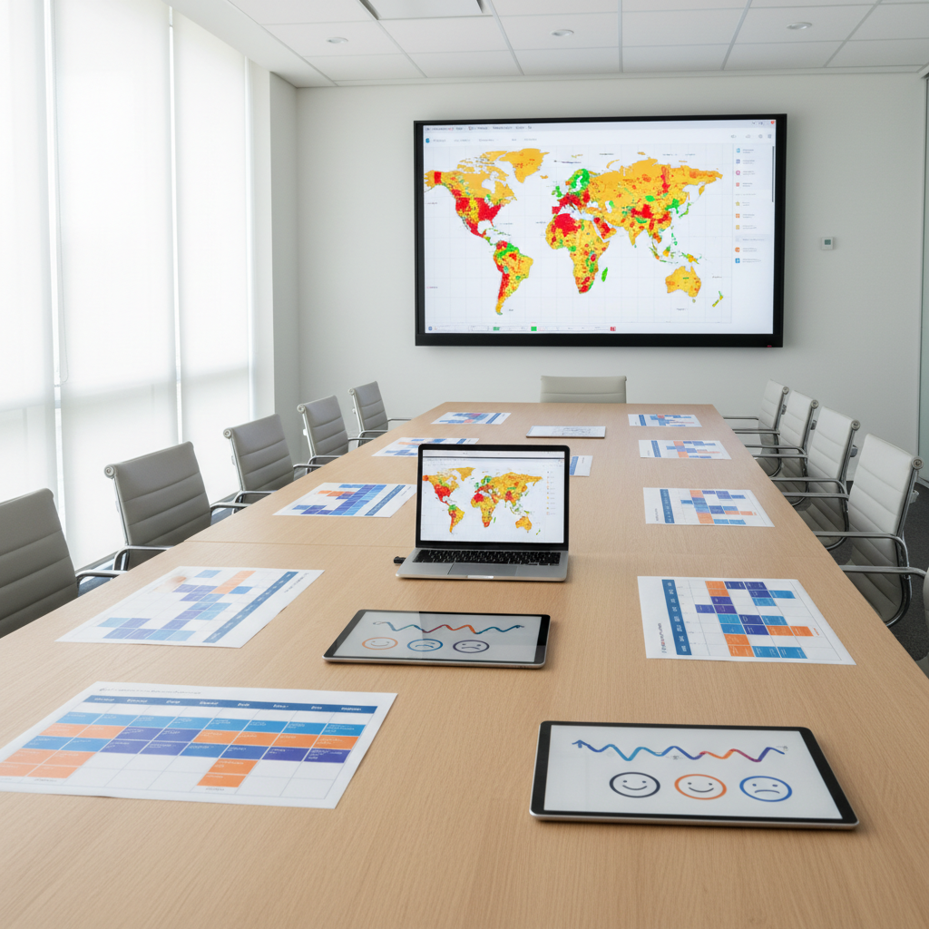 A long conference table made of light oak, covered with carefully arranged digital PR planning materials: an open laptop projecting a large media coverage heatmap onto a wall screen, several printed editorial calendars with color-blocked sections, and a spread of tablets showing influencer discovery tools and sentiment graphs using icons instead of words. Around the table are sleek, empty office chairs, emphasizing a people-free, process-focused scene. Large floor-to-ceiling windows along one side allow bright, diffused daytime light to flood the room, creating soft reflections on the tabletop. Captured from a slightly elevated, wide-angle viewpoint, the composition draws attention to the central laptop and projected visuals. The atmosphere is organized, collaborative in concept yet impersonal, conveying structured digital PR planning in a realistic, professional photographic aesthetic appropriate for academic use.